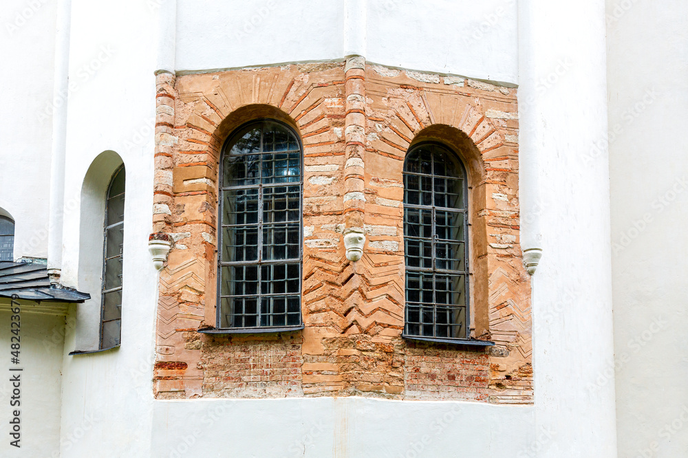 Ancient brickwork on the wall of St. Sophia Cathedral in Veliky Novgorod