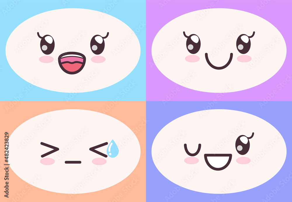 Kawaii cute faces on colorful backgrounds set. Manga style eyes and mouths. Funny cartoon japanese emotion in different face expressions. Anime characters and emotions. Eastern kawaii culture design Kawaii cute faces on colorful backgrounds set. Manga style eyes and mouths. Funny cartoon japanese emotion in different face expressions. Anime characters and emotions. Eastern kawaii culture design