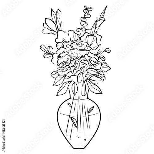 Bouquet in a linear style of rose, eucalyptus, iris, lily. Sketch, modern art.