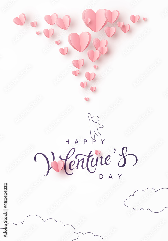Valentine's Day postcard with man and pink flying balloons on white sky background. Romantic poster. Vector paper symbols of love in shape of heart for greeting card design