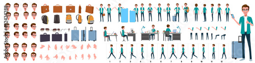 Business Man Character Design Model Sheet. Man Character design. Front, side, back view and explainer animation poses. Character set with lip sync and facial expressions of Happy, angry, sad, Joy with photo