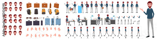 Business Man Character Design Model Sheet. Man Character design. Front, side, back view and explainer animation poses. Character set with lip sync and facial expressions of Happy, angry, sad, Joy with photo