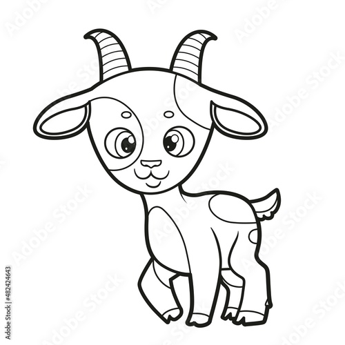 Cute cartoon little goatling with big horns outlined for coloring page on white background