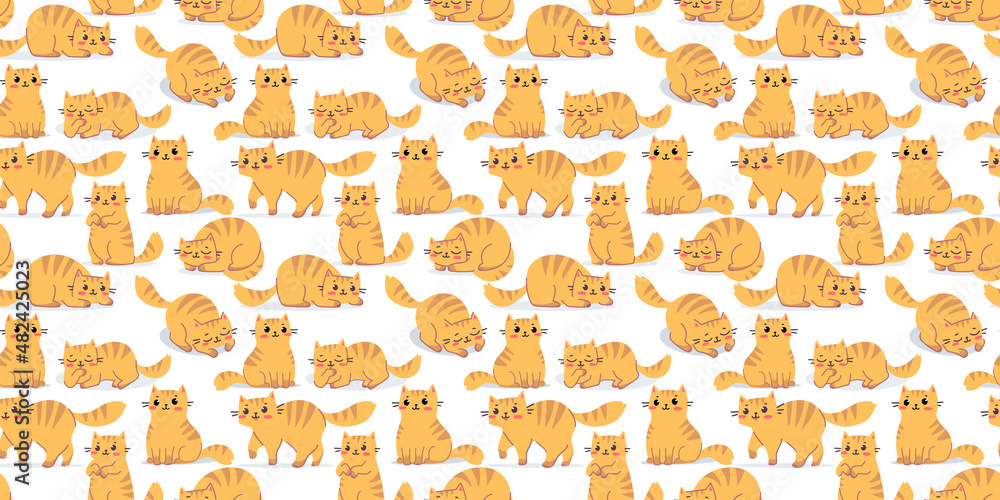 Vector seamless pattern with red striped cat character in different pose on white color background. Flat line art style design of seamless pattern with many happy cute animal cat