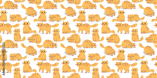 Vector seamless pattern with red striped cat character in different pose on white color background. Flat line art style design of seamless pattern with many happy cute animal cat