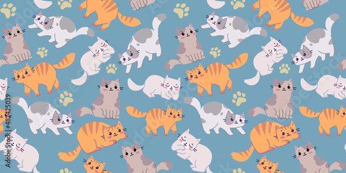 Vector seamless pattern with happy cute cat character in different pose on blue color background. Flat line art style design of seamless pattern with many animal cat