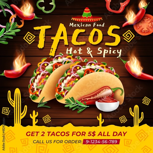 Realistic Detailed 3d Tacos Mexican Food Day Hot and Spicy Ads Banner Concept Poster Card. Vector illustration of Taco