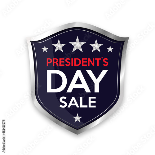 Presidents day sale banner on shield metal icon isolated on white background.