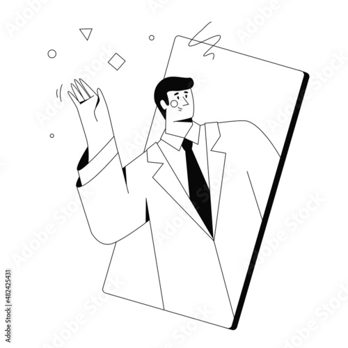 A man looks out of a smartphone and waves his hand.