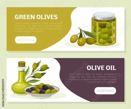 Olive oil landing page template. Green olives premium quality natural product web banners set