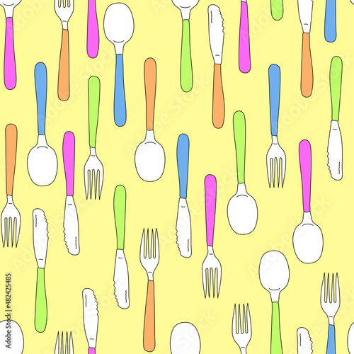 seamless pattern knife fork and spoon drawn in doodle style pink cyan orange and light green on a yellow background
