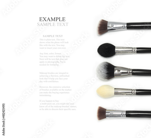 Set of makeup brushes on a white background with a template for text