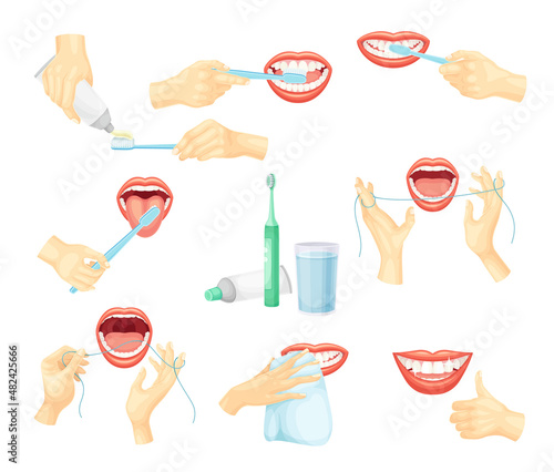 Human hands cleaning teeth with toothbrush, toothpaste and floss. Oral hygiene, dentistry vector illustration