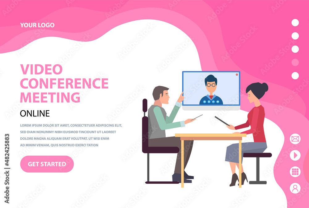 People communicate by video call, conference, online meeting. Communication, discussion of business development concept. Man and woman sit next to computer and talk to colleague via Internet