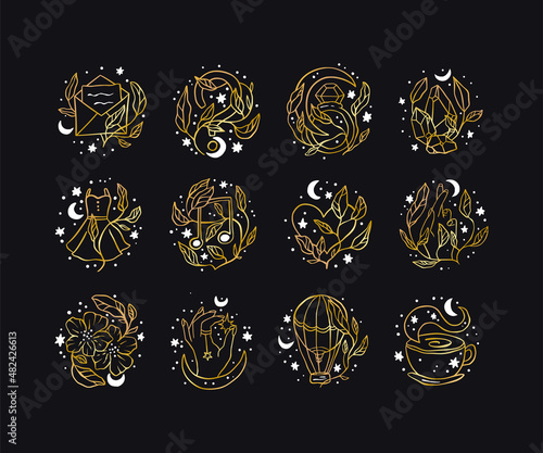 Celestial magic gold icon Social media highlight set - boho star and moon floral symbol