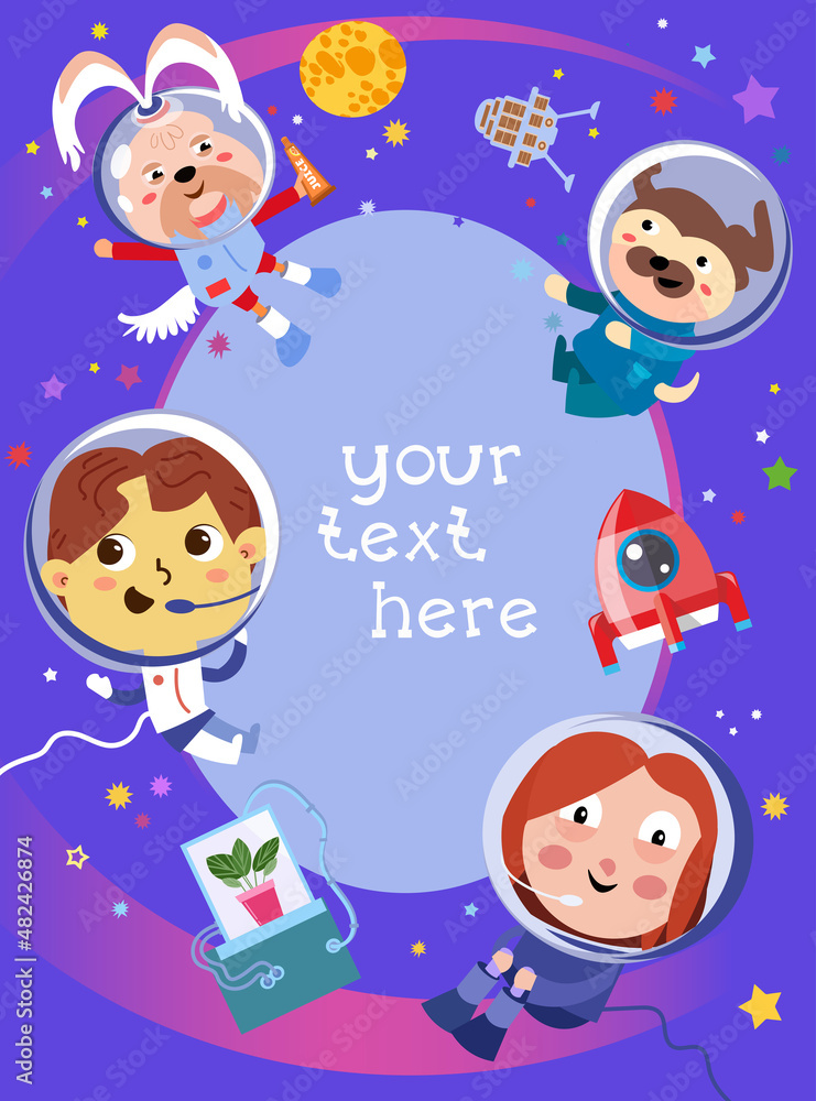 Background for text with cute kids and dogs. Space and characters in cartoon style. Color vector illustration.