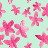 Pink flowers watercolor painting - seamless pattern on mint green background