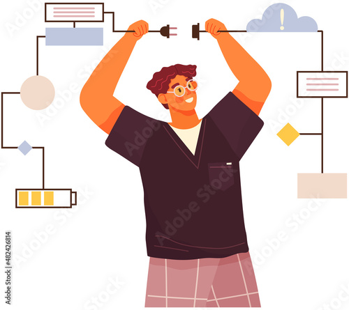 Man fixing technical equipment. Different mental mindset types. Male character with technical, logical thinking. Mind behaviour, mental perceiving, psychology, creation of optimal solution concept