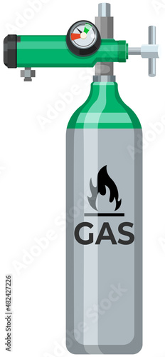 High cylinder, canister with fuel, storage for gas. Metal tank with liquefied compressed petroleum, propane. Pressurized gas cylinder, storage with tap for substance release vector illustration