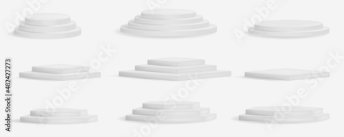 3d white square and round podium platforms for product showroom. Geometrical 3d round and square empty podium decent vector templates collection isolated