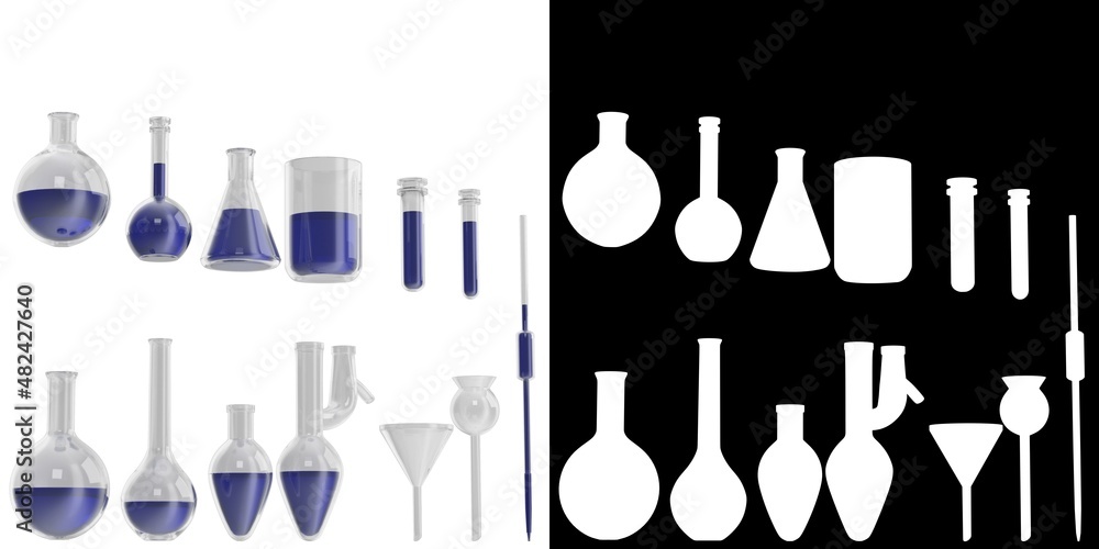 3D rendering illustration of a set of laboratory glassware 3D rendering illustration of a set of laboratory glassware