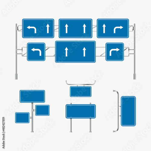 Traffic billboard vector. Blue highway direction signs. Blank advertising billboard. Set of road signs on a white background. Colorful highway direction signs. Advertising billboard, direction sign.
