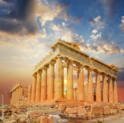 parthenon in athens green sunset clouds colors