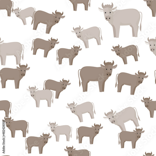 Seamless pattern of bull. Domestic animals on colorful background. Vector illustration for textile.