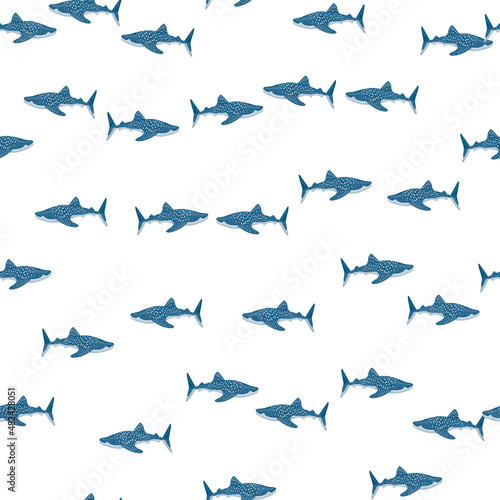 Whale shark seamless pattern in scandinavian style. Marine animals background. Vector illustration for children funny textile.