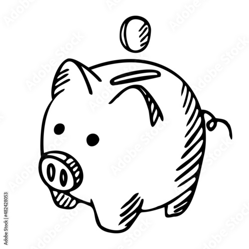Piggy bank isolated on white background. Box for safe savings, coins, cash, gold. Money pig in doodle style.