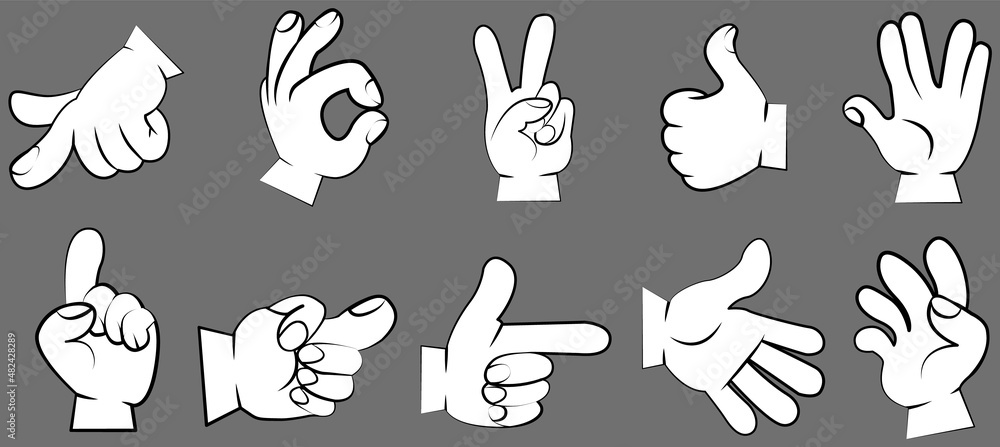 Fototapeta premium Hands set. Gestures with fingers pointing, attention. Gesture palm, pointing hand, communication language, pose and gesturing. Human hand expresses signals, actions and emotions, signs and impressions