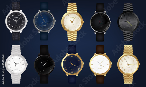 Realistic wrist watches set with leather and metal belts. 3D classic and modern business watches with chronograph, metal and leather bracelet and different clockworks faces.