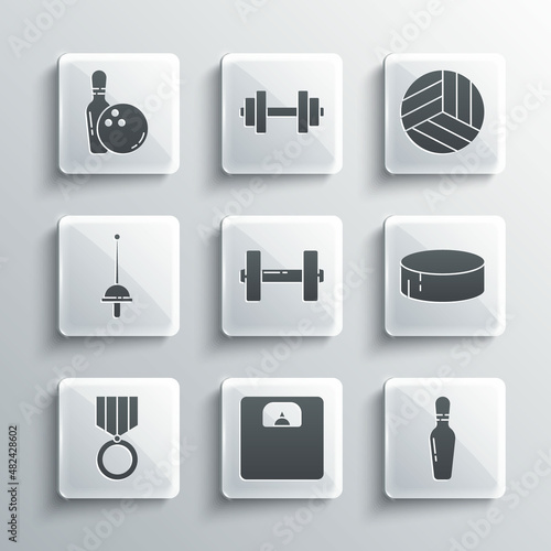 Set Bathroom scales, Bowling pin, Hockey puck, Dumbbell, Medal, Fencing, and ball and Volleyball icon. Vector