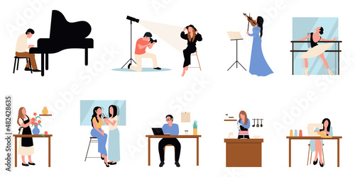 Creative occupation set. Designer and artist at work, dancer. Collection of male and female art, handicraft and creative workers or professionals.