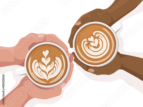 Woman and man hands holding coffee cup with latte art. Cappuccino crema of heart shape. Top view of table in cafe. Flat cartoon illustration. Valentines day concept. photo