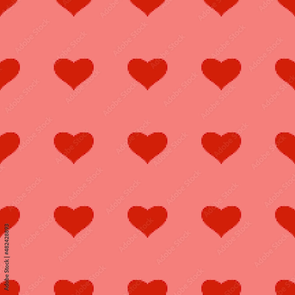Red heart seamless pattern in pixel art style. pink background. 8 bit wallpaper. Valentine's Day backdrop.