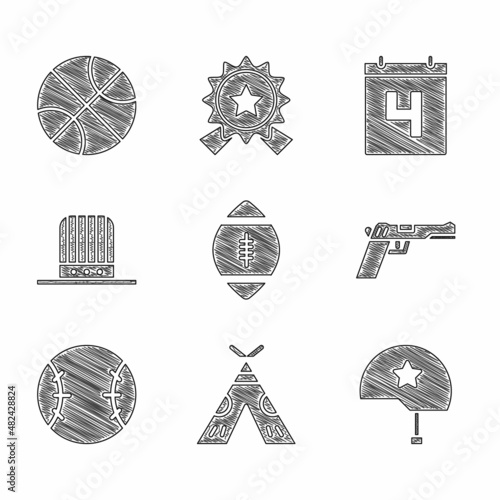 Set American Football ball, Indian teepee or wigwam, Military helmet, Pistol gun, Baseball, Patriotic top hat, Calendar with date July 4 and Basketball icon. Vector