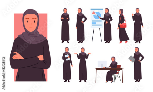 Saudi female office worker character poses set vector illustration. Cartoon young arab woman in muslim robe and hijab standing at presentation board, employee working with computer isolated on white