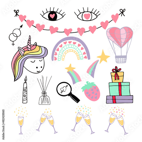 valentines day set hand drawn. collection icon, sticker. unicorn, stars, champagne glasses, balloon, heart, eye, magnifying glass, incense sticks, man  woman symbol, garland, rainbow, strawberry, 