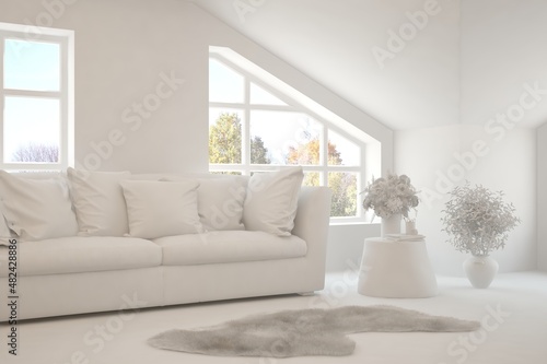 Stylish room in white color with sofa and autumn landscape in window. Scandinavian interior design. 3D illustration