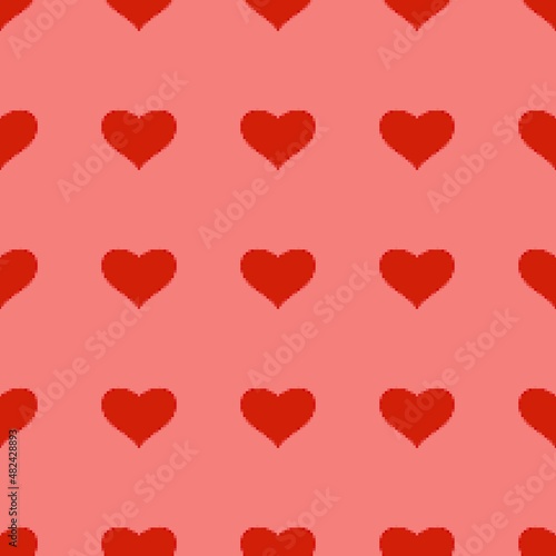 Red heart seamless pattern in pixel art style. pink background. 8 bit wallpaper. Valentine's Day backdrop.