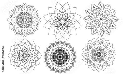 Set of ethnic drawings mandala in black color isolated on white background.