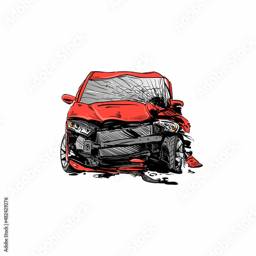 Car crash hand drawn illustration. Auto accident sketch, vector design