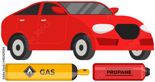 Transportation of gas cylinder, canister with fuel liquid. Balloon with flammable substance. Metal tank with liquefied compressed petroleum, propane. Pressurized gas for car