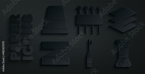Set Awl tool, Layers clothing textile, Tape measure, Yarn, Needle for sewing and Thimble icon. Vector