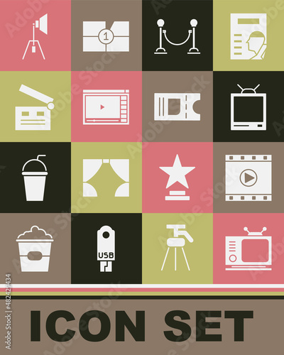 Set Retro tv, Play Video, Rope barrier, Online play video, Movie clapper, spotlight and Cinema ticket icon. Vector