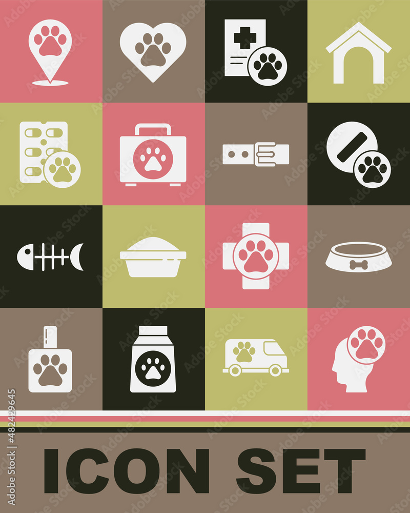 Set Human with animals footprint, Pet food bowl, Dog pill, Clinical record pet, first aid kit, Location veterinary and Collar name tag icon. Vector Set Human with animals footprint, Pet food bowl, Dog pill, Clinical record pet, first aid kit, Location veterinary and Collar name tag icon. Vector