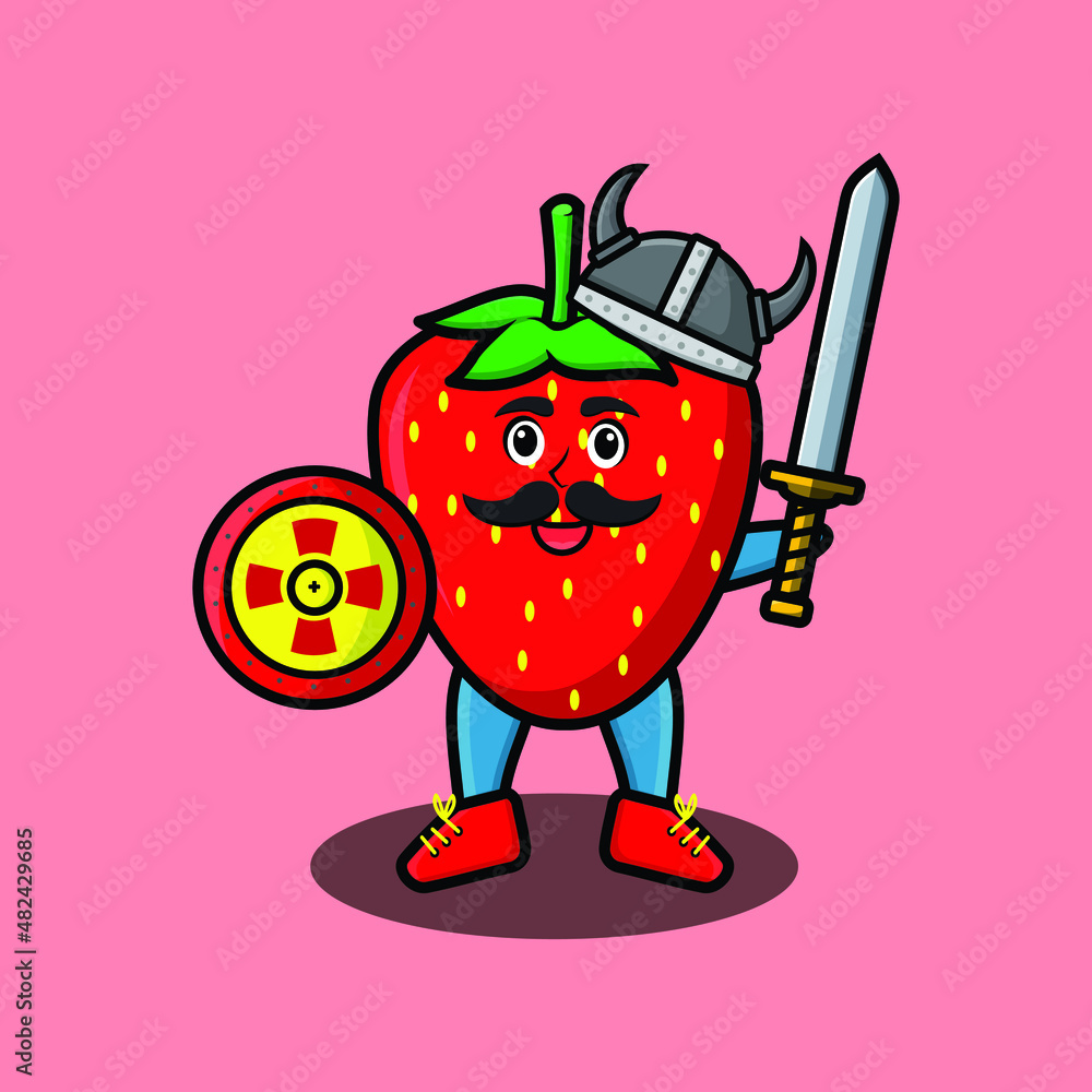 Cute cartoon character Strawberry viking pirate with hat and holding sword and shield in cute modern style design for t-shirt, sticker, logo element, poster Cute cartoon character Strawberry viking pirate with hat and holding sword and shield in cute modern style design for t-shirt, sticker, logo element, poster