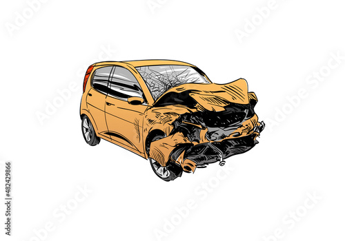 Car crash hand drawn illustration. Auto accident sketch, vector design