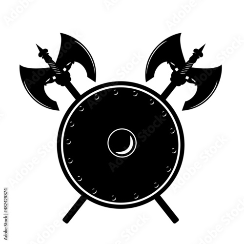 two crossed medieval battle axes and round shield - fairy tale warrior black and white vector design